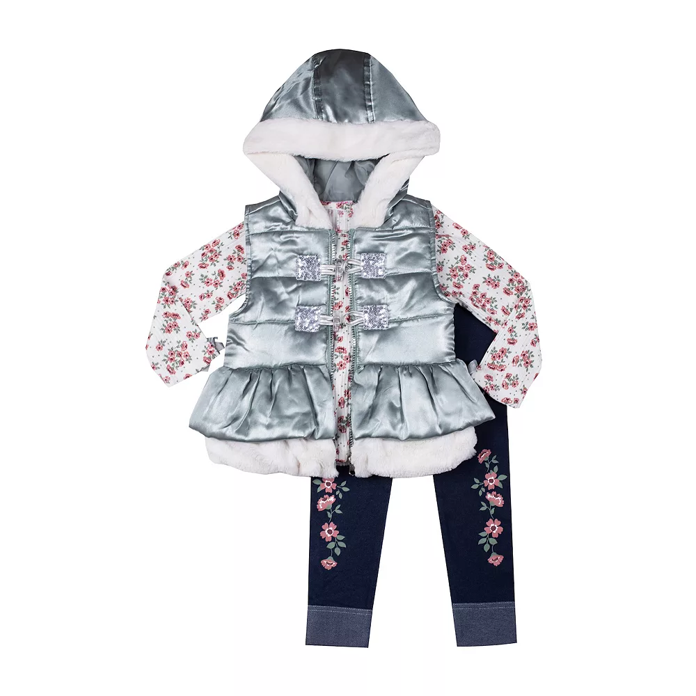 Toddler Girl Little Lass Metallic Puffer Vest, Floral Print Long Sleeve Tee, & Floral Leggings Set 1 Toddler Girl Little Lass Metallic Puffer Vest, Floral Print Long Sleeve Tee, & Floral Leggings Set